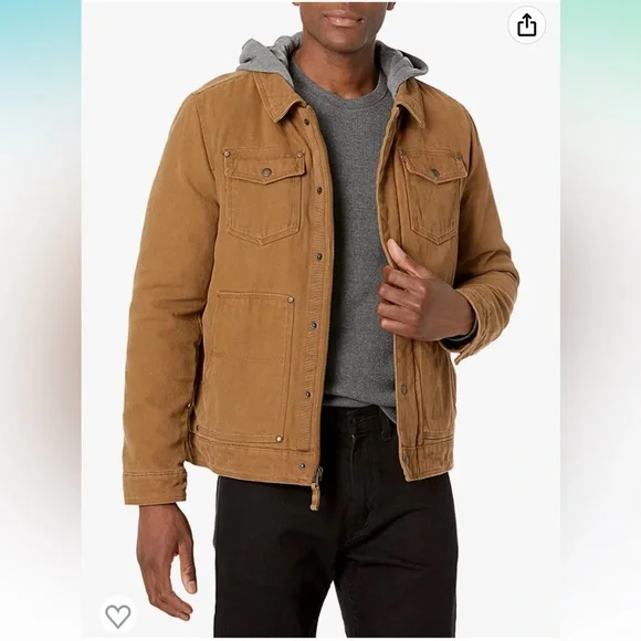 Levi’s Hooded Cotton Canvas Military Trucker Jacket Tan Work Outdoor Layered M - Picture 1 of 16